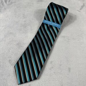 Haines & Bonner London Silk Repp Tie Mens Striped Teal Brown Black Necktie New